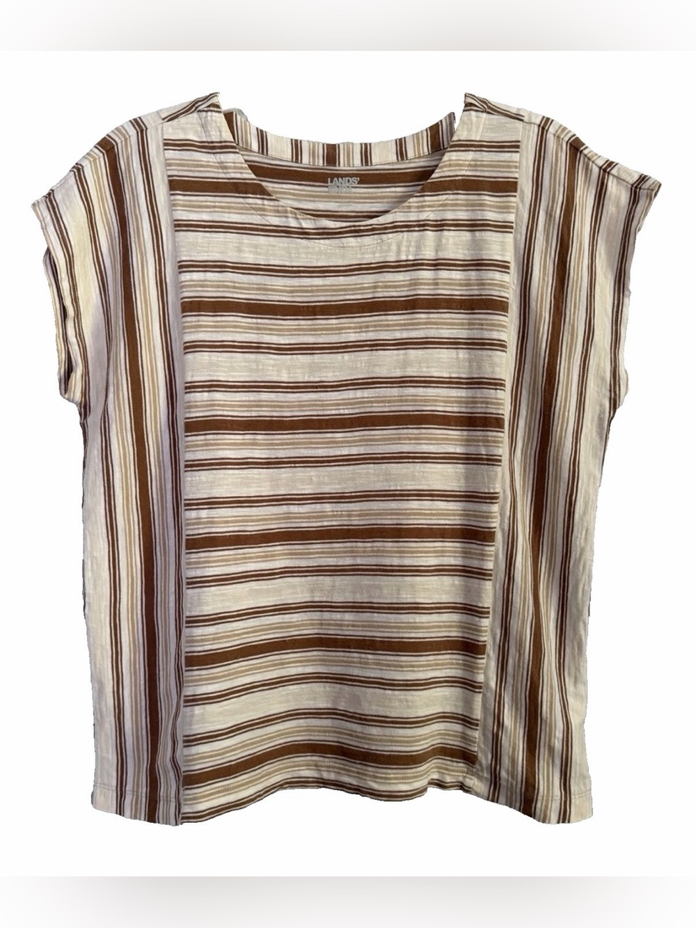 Lands' End Slub Knit Tee Shirt Stripe 100% Cotton Brown White Cap Women's Large
